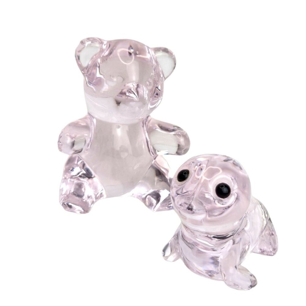 Set Of 2 Oneida 24% Lead Crystal Pink Teddy Bear & Seal Figurine Paperweights